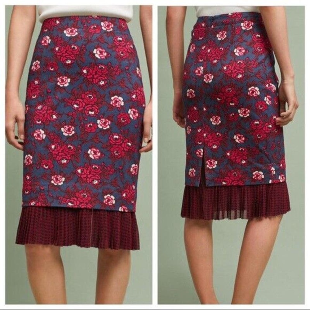Anthropologie Blue and Red Floral Midi Skirt
